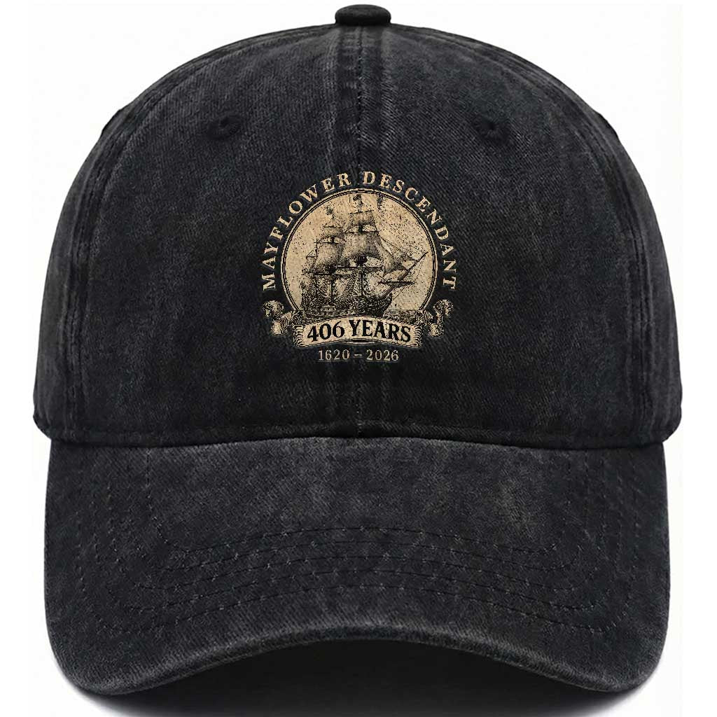 Mayflower Descendant Washed Cotton Baseball Cap 406 Years Pilgrim Fathers Thanksgiving History