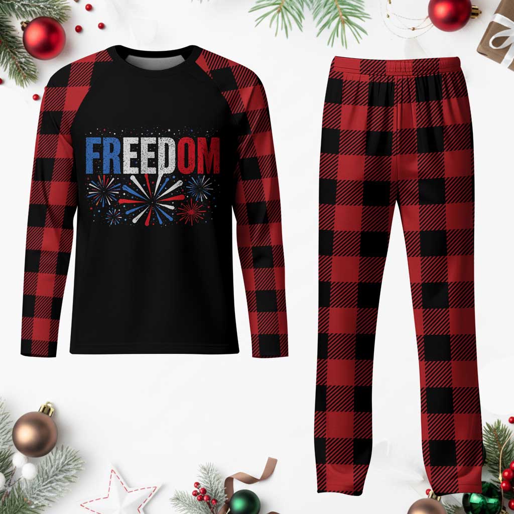 Freedom Funny 4th of July Couple Matching Plaid Pajama Set US Fireworks