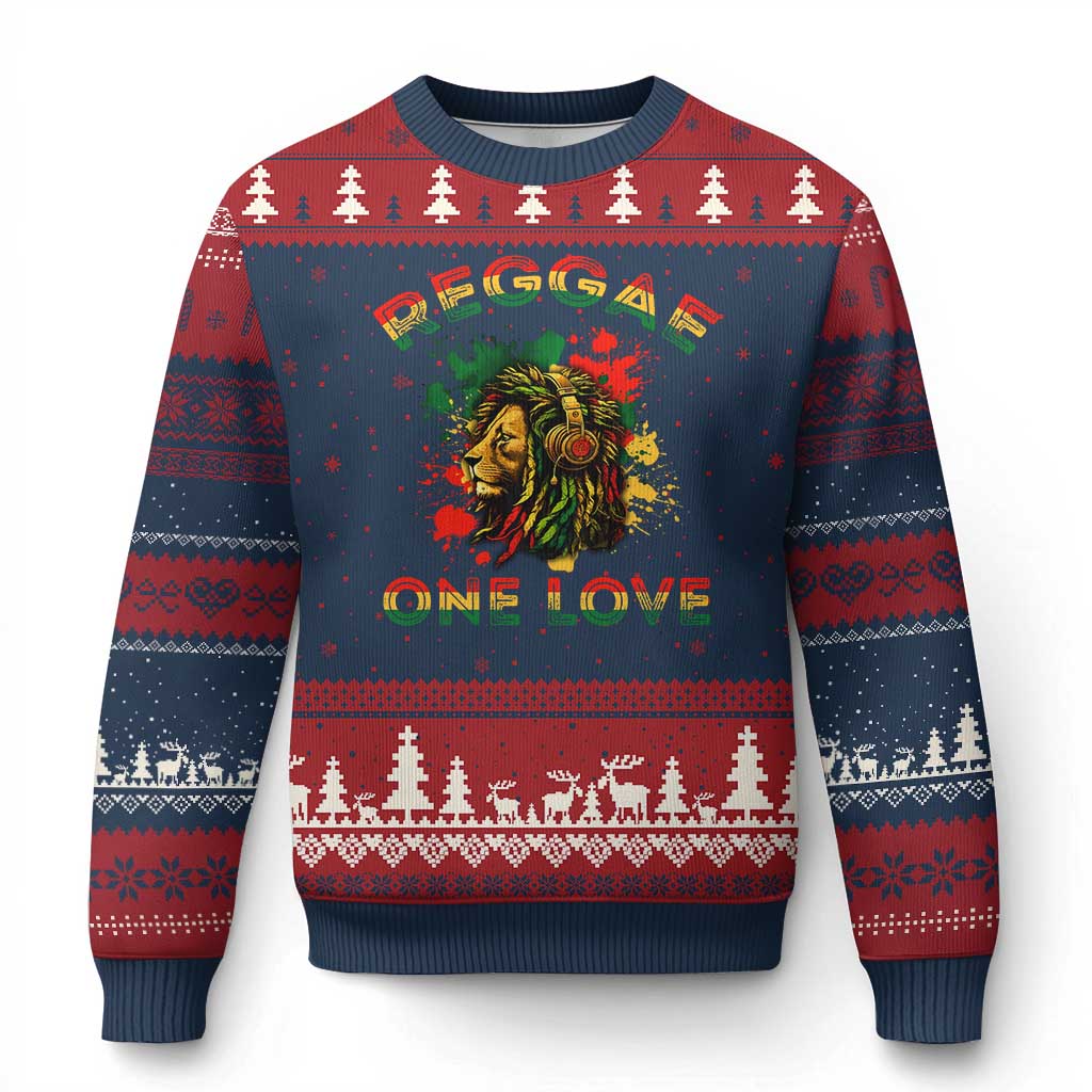 Reggae One Love Ugly Christmas Sweater Rasta Music Jamaican Pride Headphones Lion - Wonder Print Shop