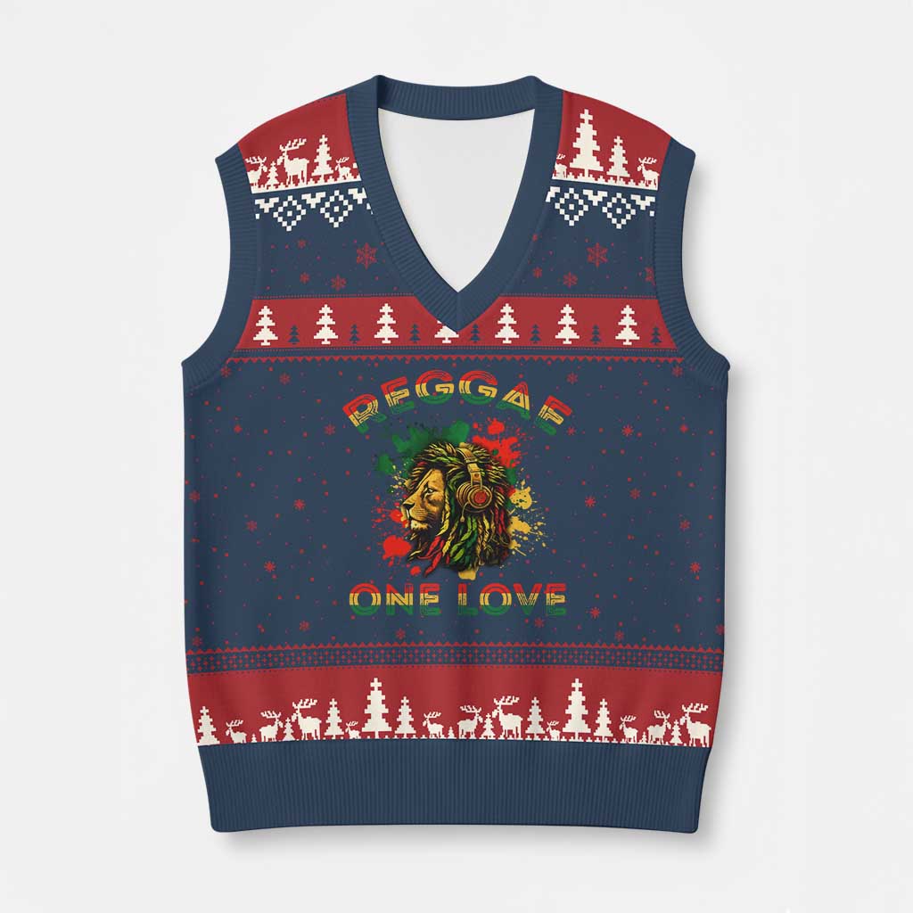 Reggae One Love V-Neck Knit Sweater Vest Rasta Music Jamaican Pride Headphones Lion - Wonder Print Shop