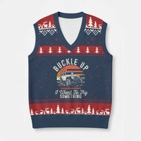 Funny Buckle Up I Want To Try Something V-Neck Knit Sweater Vest Offroad Car American Flag - Wonder Print Shop