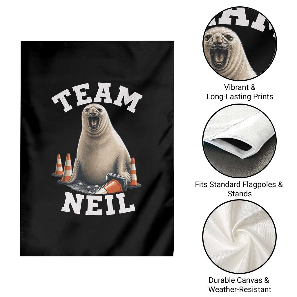 Team Neil The Seal Garden Flag Funny Tasmania Elephant Seal with Traffic Cone