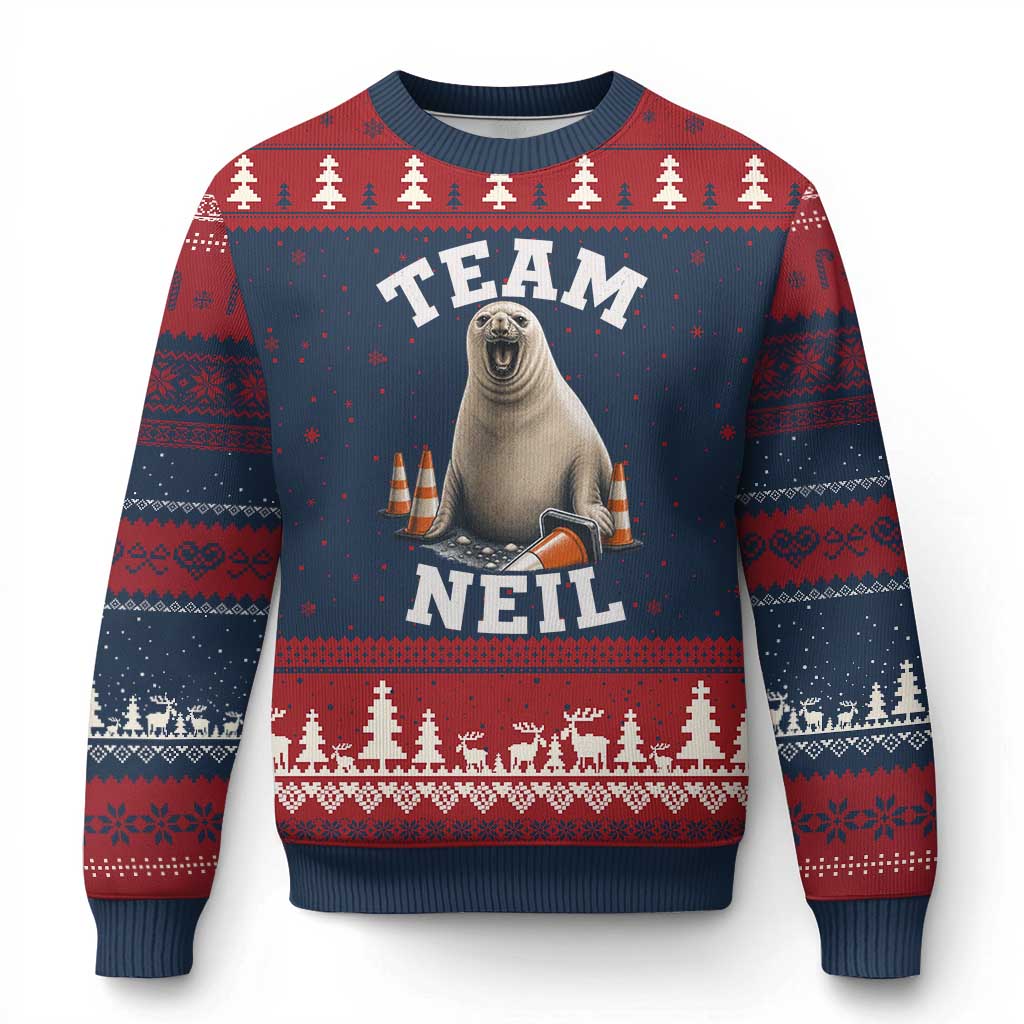 Team Neil The Seal Ugly Christmas Sweater Funny Tasmania Elephant Seal with Traffic Cone