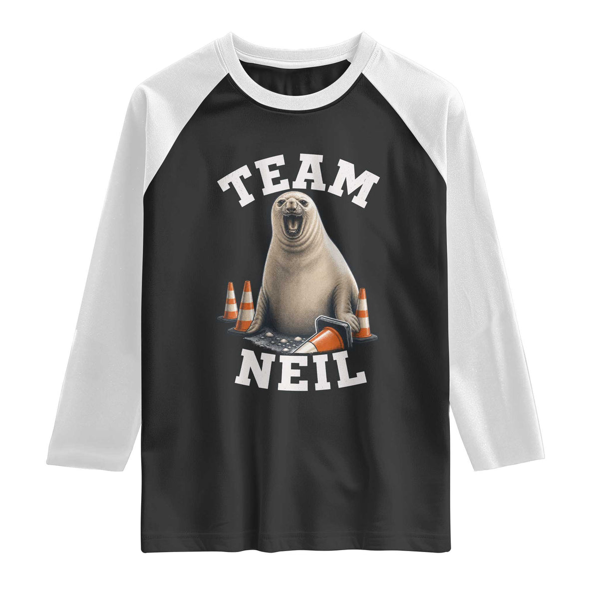 Team Neil The Seal Raglan Shirt Funny Tasmania Elephant Seal with Traffic Cone