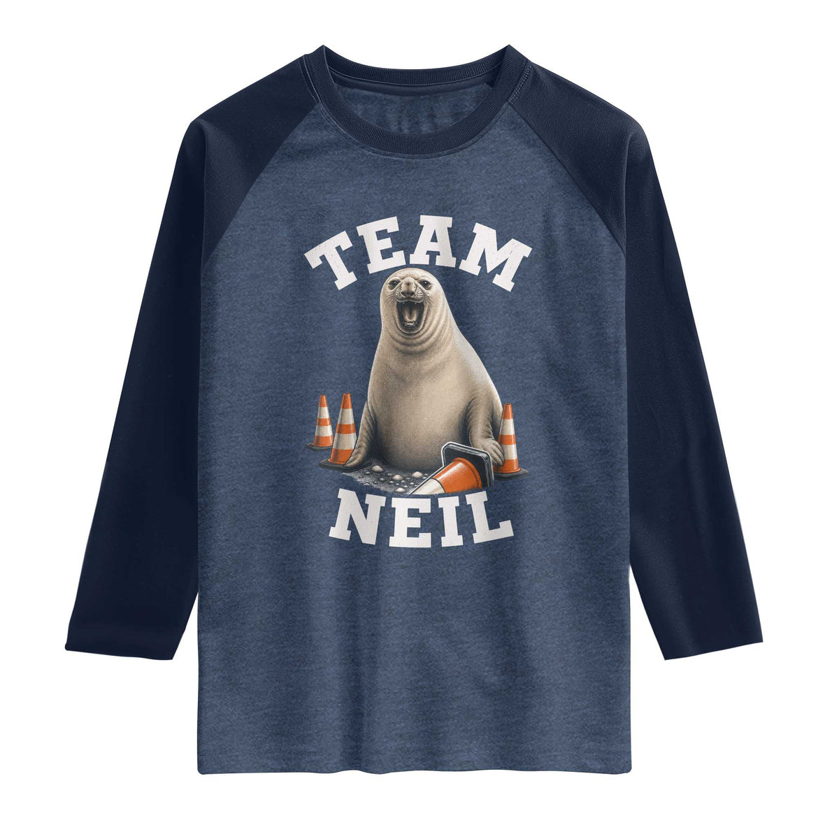 Team Neil The Seal Raglan Shirt Funny Tasmania Elephant Seal with Traffic Cone