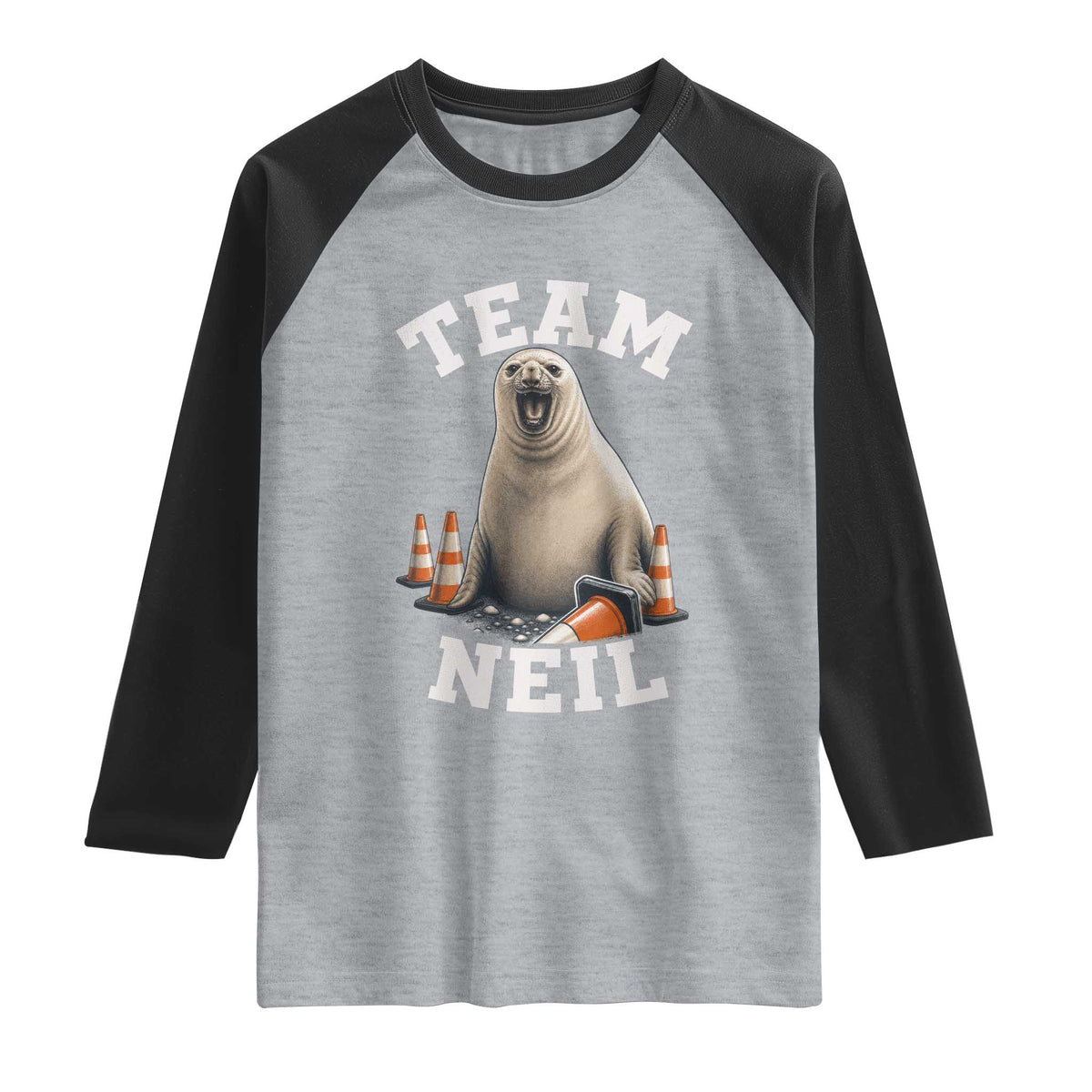 Team Neil The Seal Raglan Shirt Funny Tasmania Elephant Seal with Traffic Cone