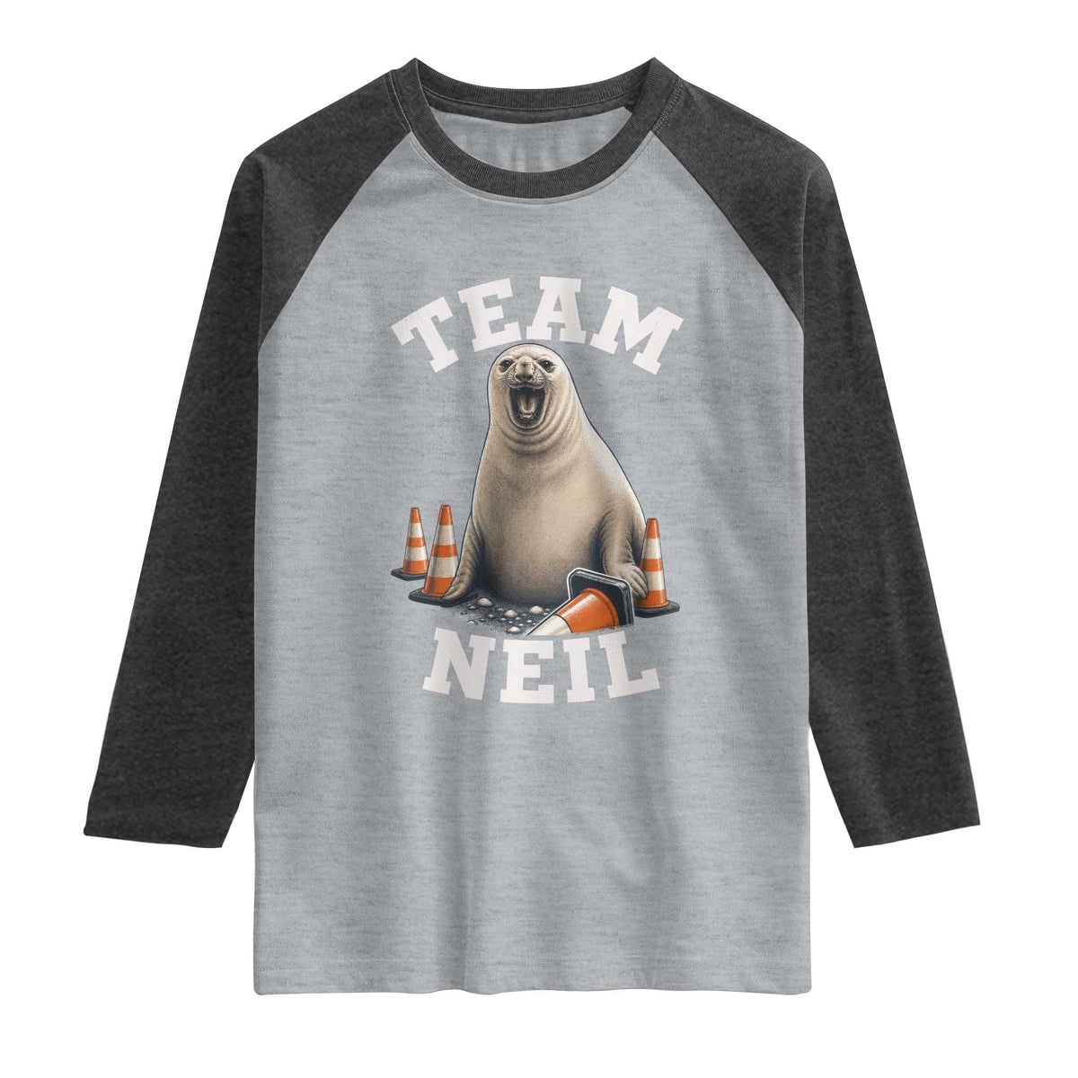 Team Neil The Seal Raglan Shirt Funny Tasmania Elephant Seal with Traffic Cone
