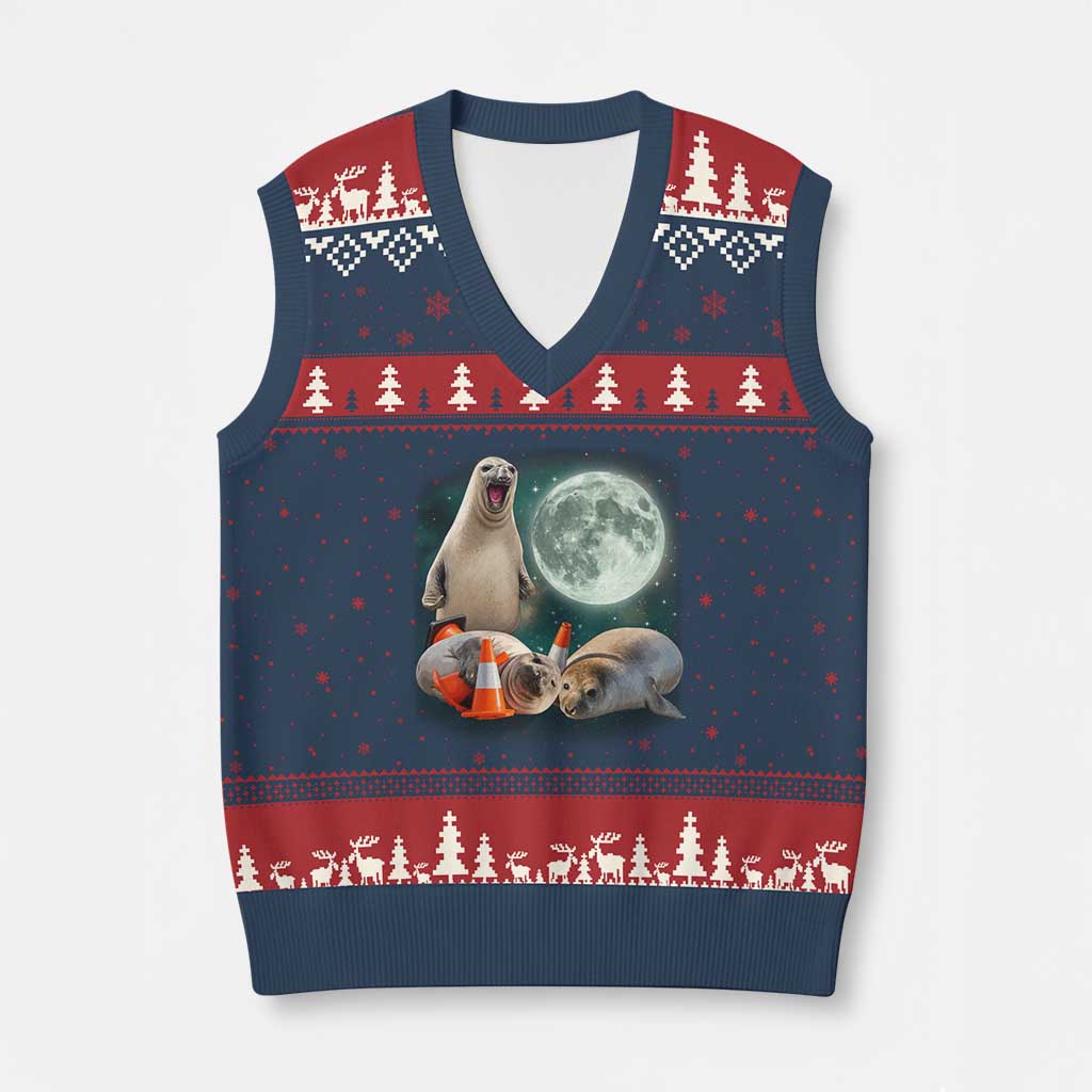 Funny Neil The Seal Howling at Moon 90s Retro V-Neck Knit Sweater Vest