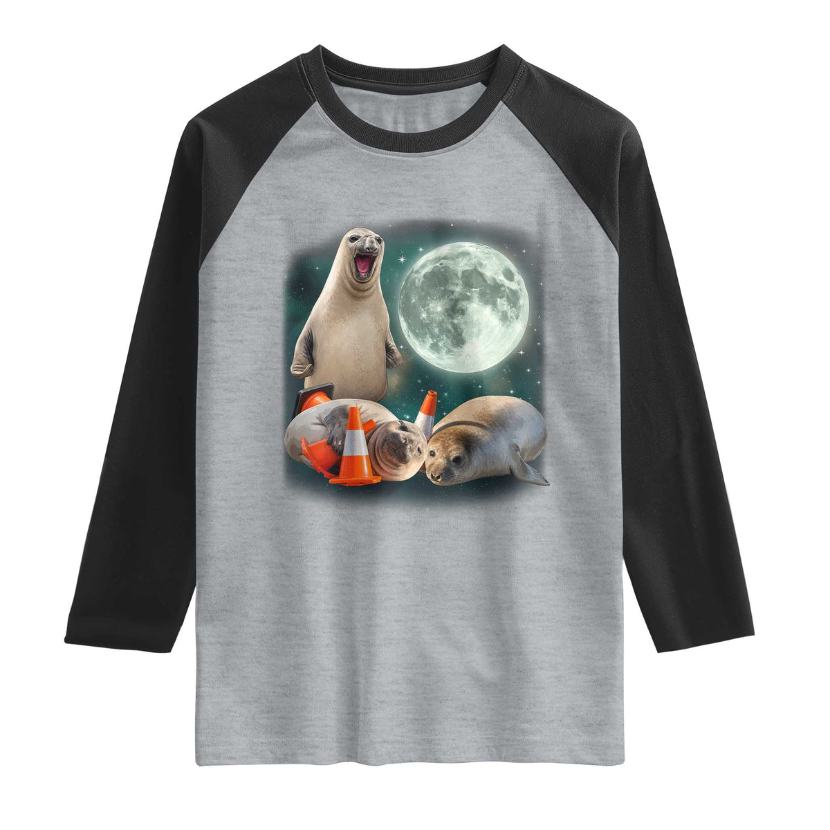 Funny Neil The Seal Howling at Moon 90s Retro Raglan Shirt