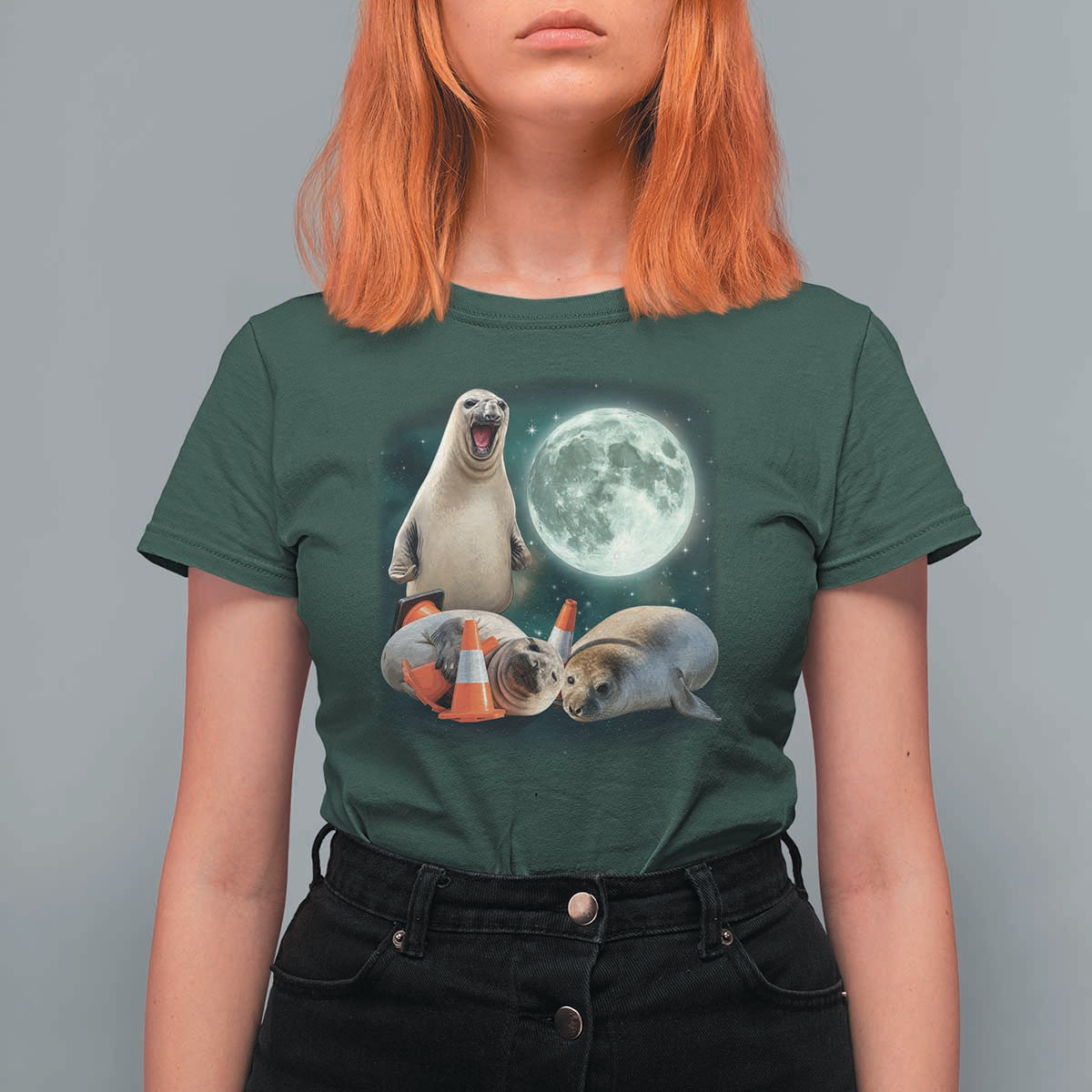 Funny Neil The Seal Howling at Moon 90s Retro T Shirt For Women