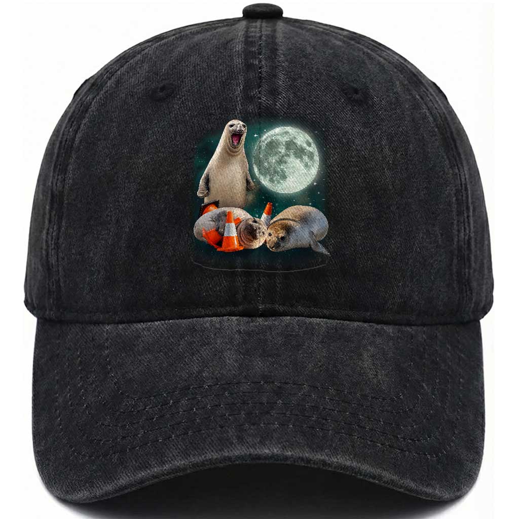 Funny Neil The Seal Howling at Moon 90s Retro Washed Cotton Baseball Cap