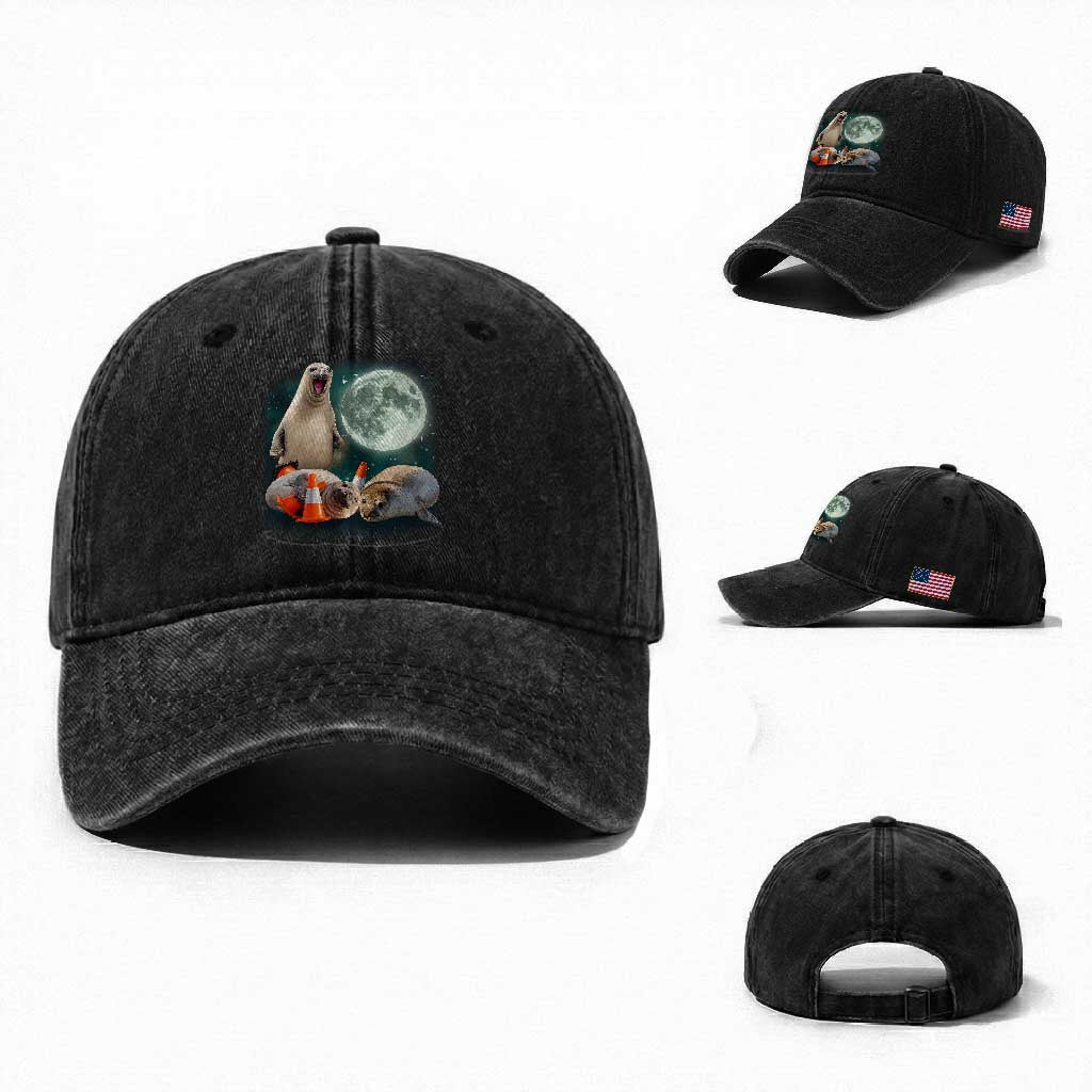 Funny Neil The Seal Howling at Moon 90s Retro Washed Cotton Baseball Cap