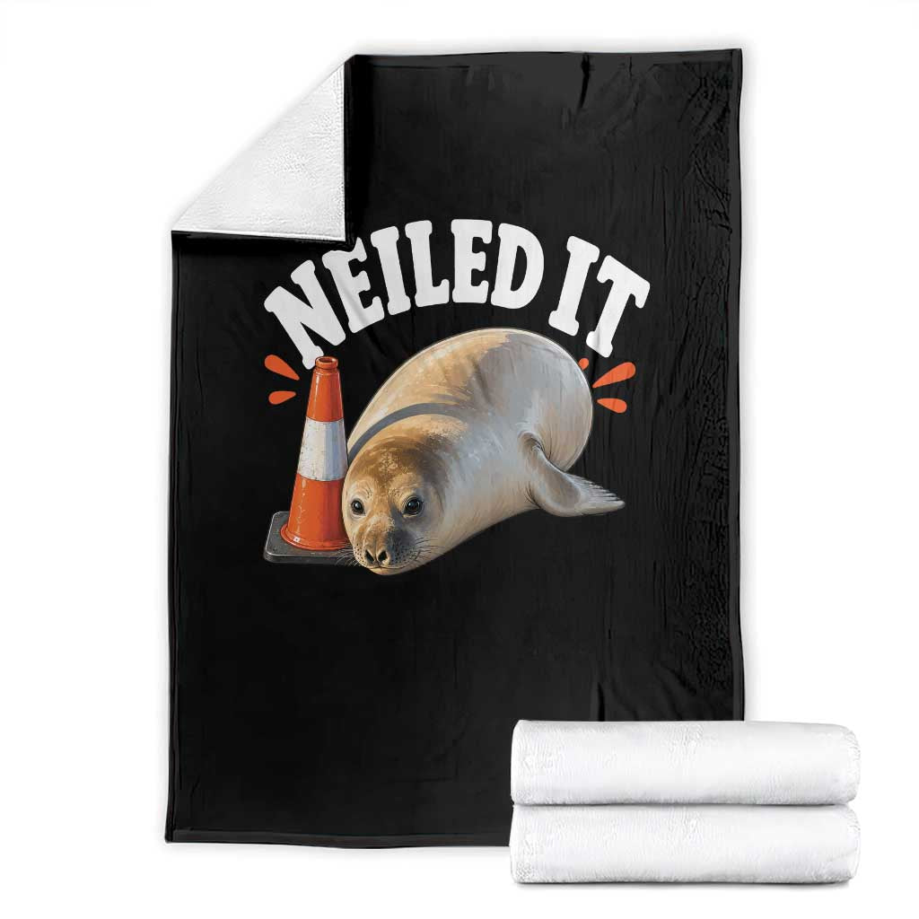 Neil The Seal Nailed It Throw Blanket Funny Tasmania Elephant Seal Traffic Cone Meme Art