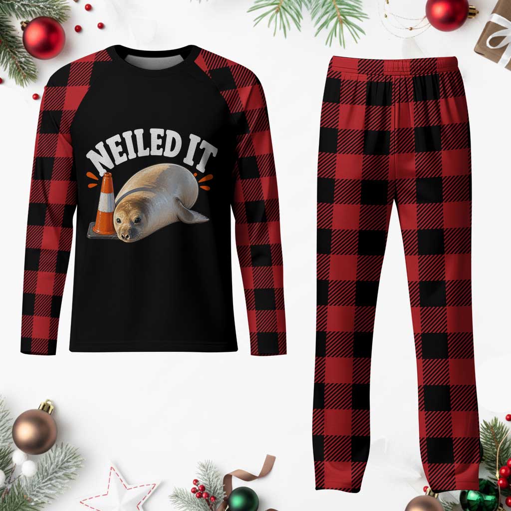 Neil The Seal Nailed It Plaid Pajama Set Funny Tasmania Elephant Seal Traffic Cone Meme Art