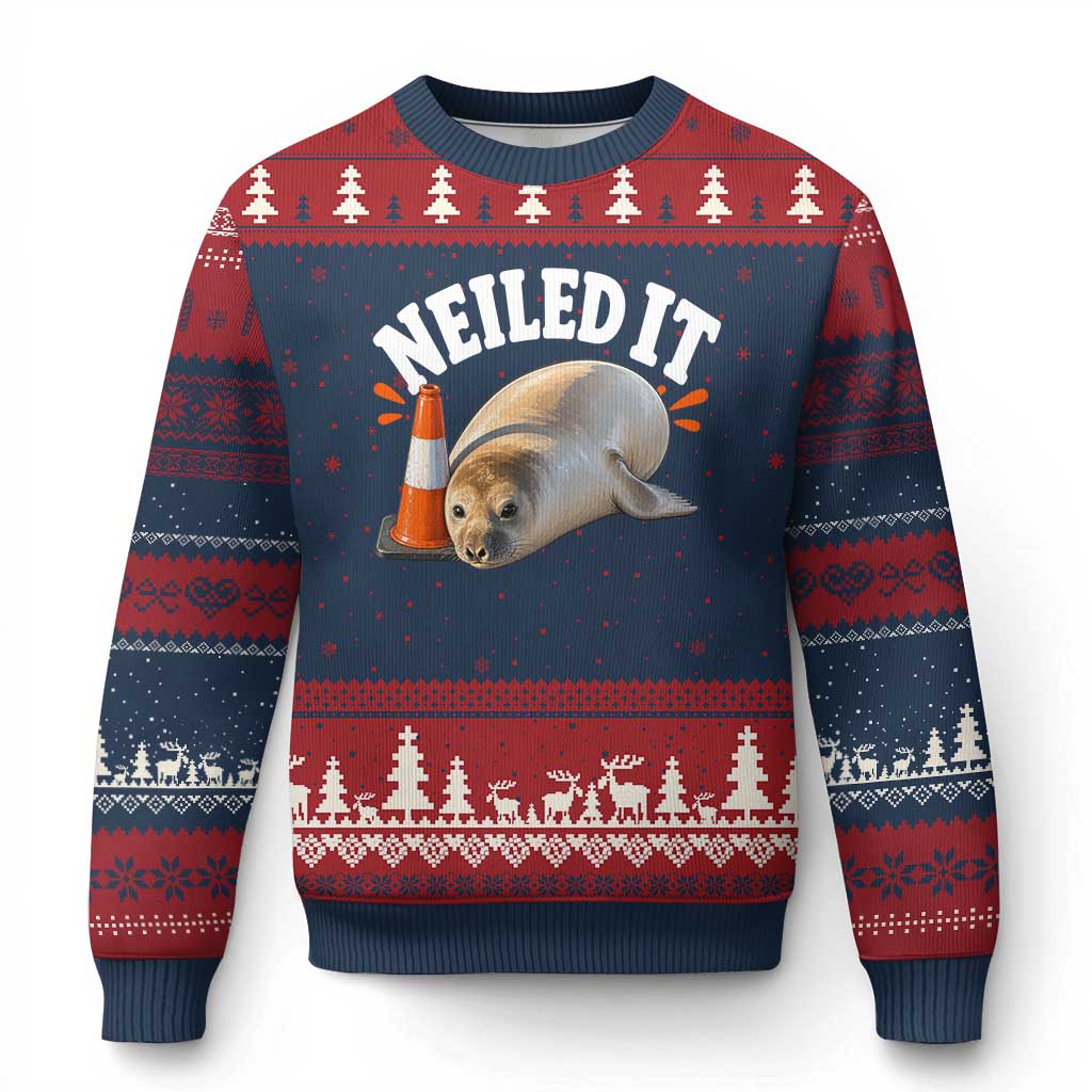 Neil The Seal Nailed It Ugly Christmas Sweater Funny Tasmania Elephant Seal Traffic Cone Meme Art