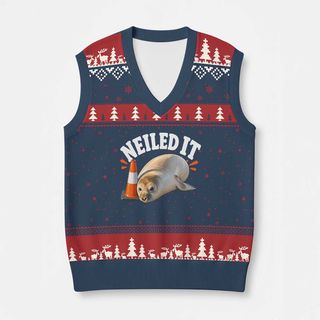 Neil The Seal Nailed It V-Neck Knit Sweater Vest Funny Tasmania Elephant Seal Traffic Cone Meme Art