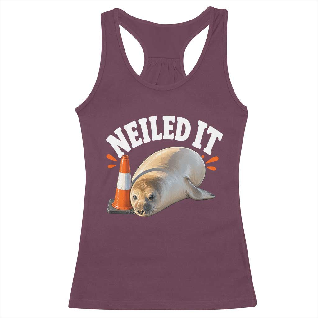 Neil The Seal Nailed It Racerback Tank Top Funny Tasmania Elephant Seal Traffic Cone Meme Art