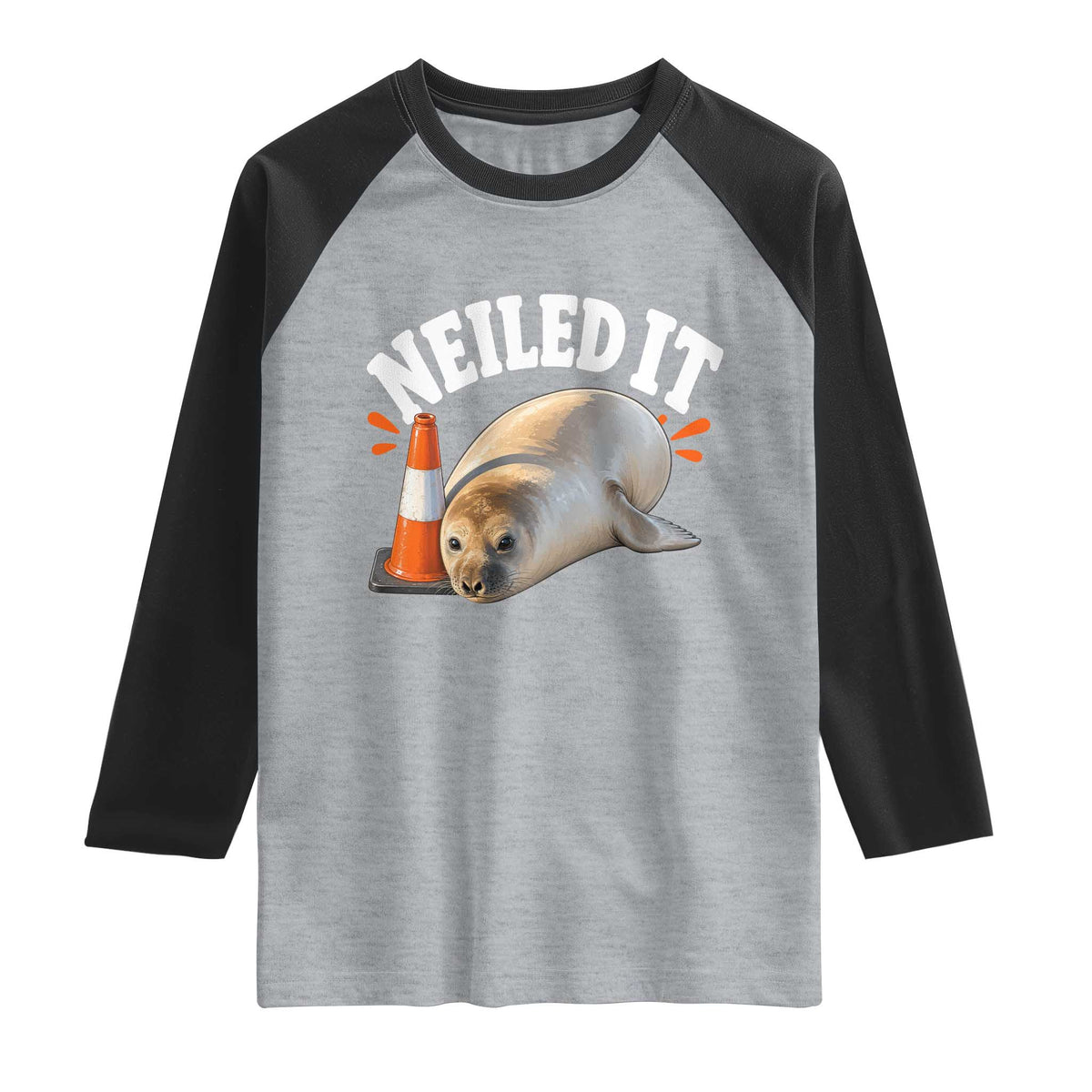 Neil The Seal Nailed It Raglan Shirt Funny Tasmania Elephant Seal Traffic Cone Meme Art
