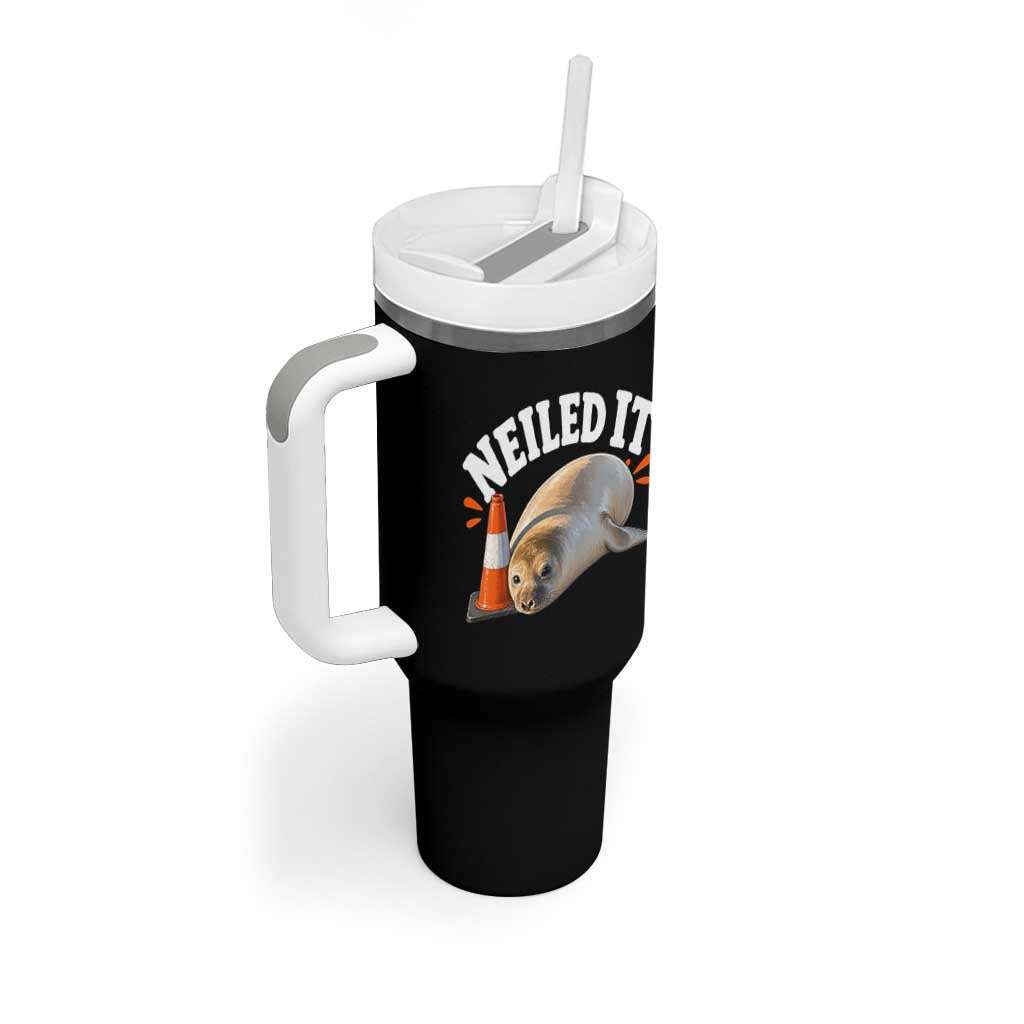 Neil The Seal Nailed It Tumbler With Handle Funny Tasmania Elephant Seal Traffic Cone Meme Art