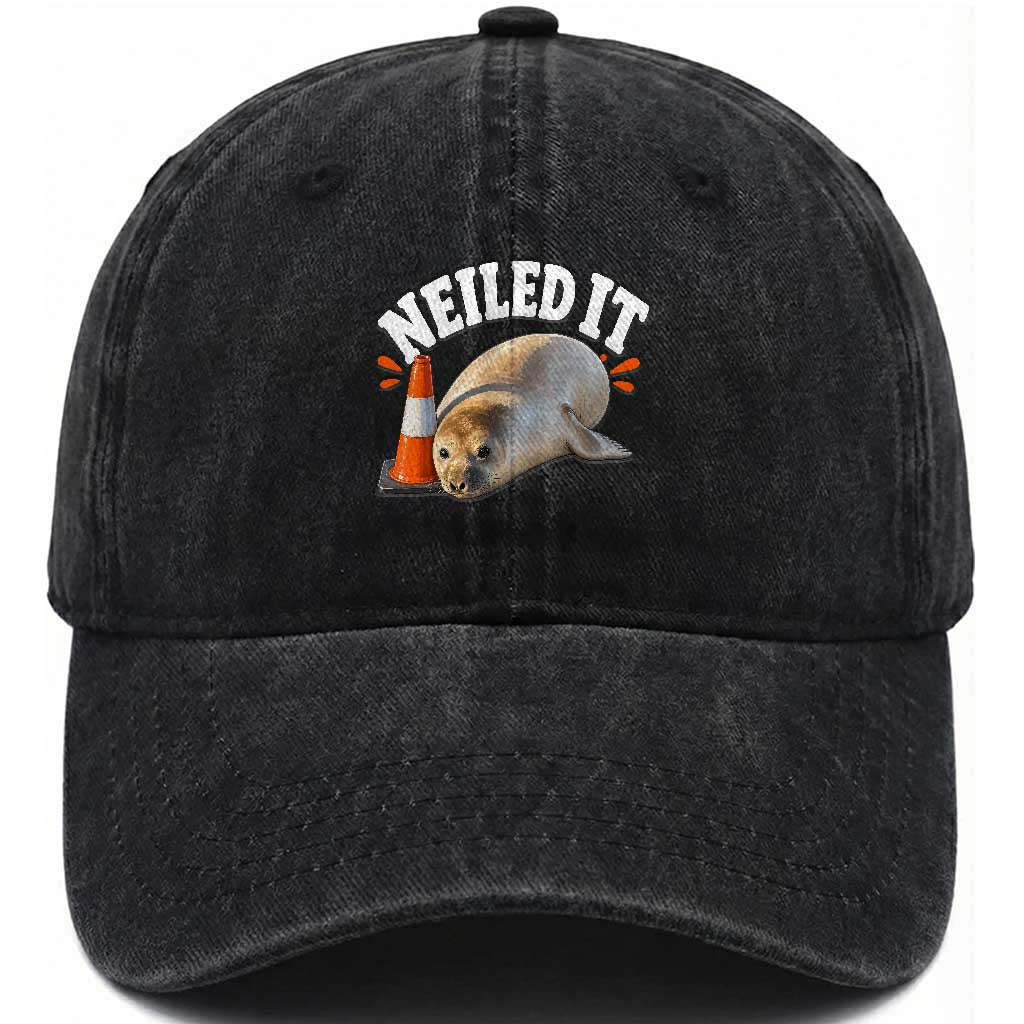 Neil The Seal Nailed It Washed Cotton Baseball Cap Funny Tasmania Elephant Seal Traffic Cone Meme Art