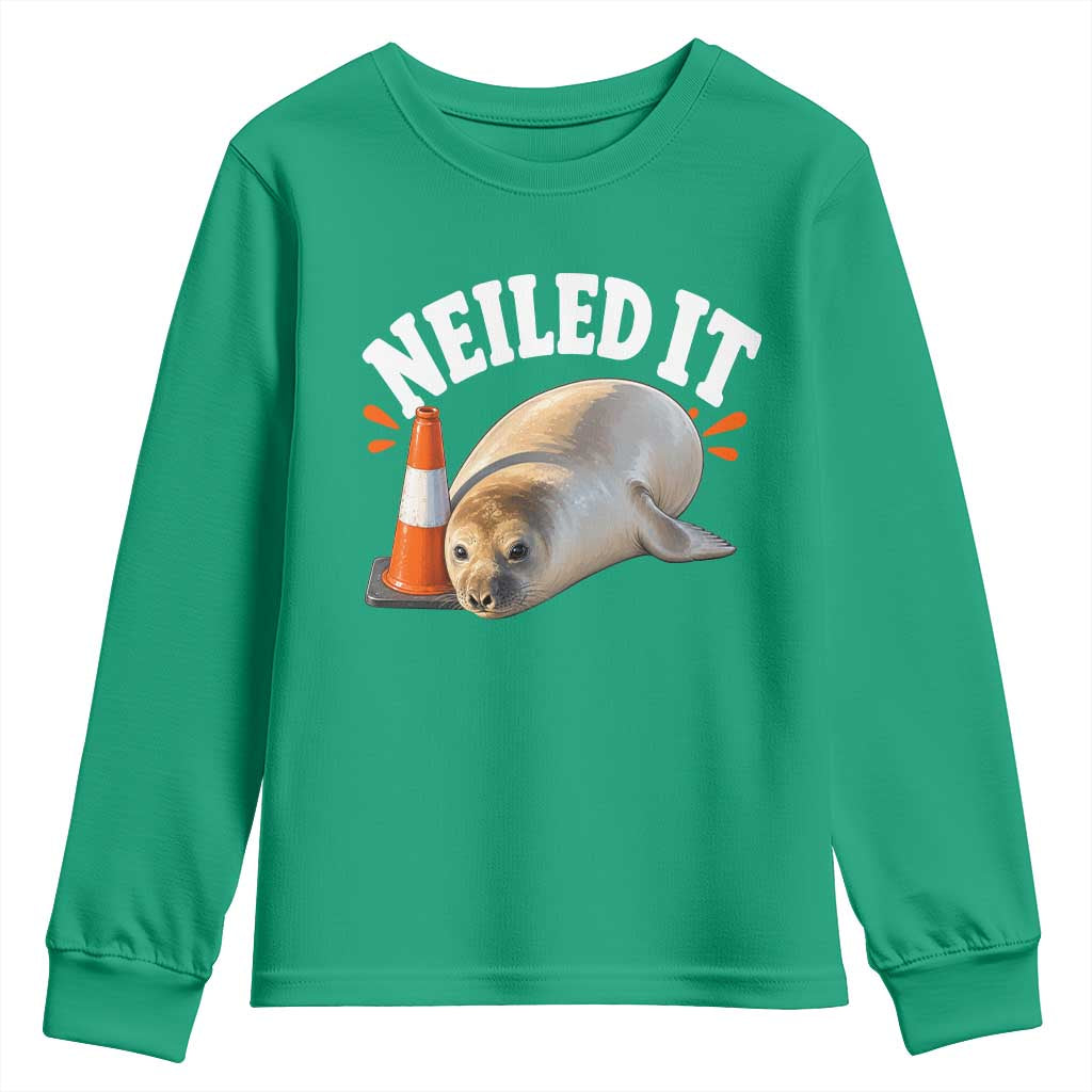 Neil The Seal Nailed It Youth Sweatshirt Funny Tasmania Elephant Seal Traffic Cone Meme Art