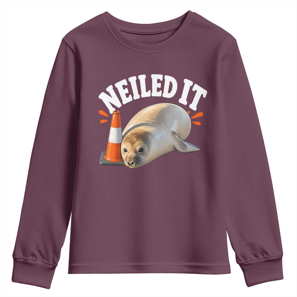 Neil The Seal Nailed It Youth Sweatshirt Funny Tasmania Elephant Seal Traffic Cone Meme Art