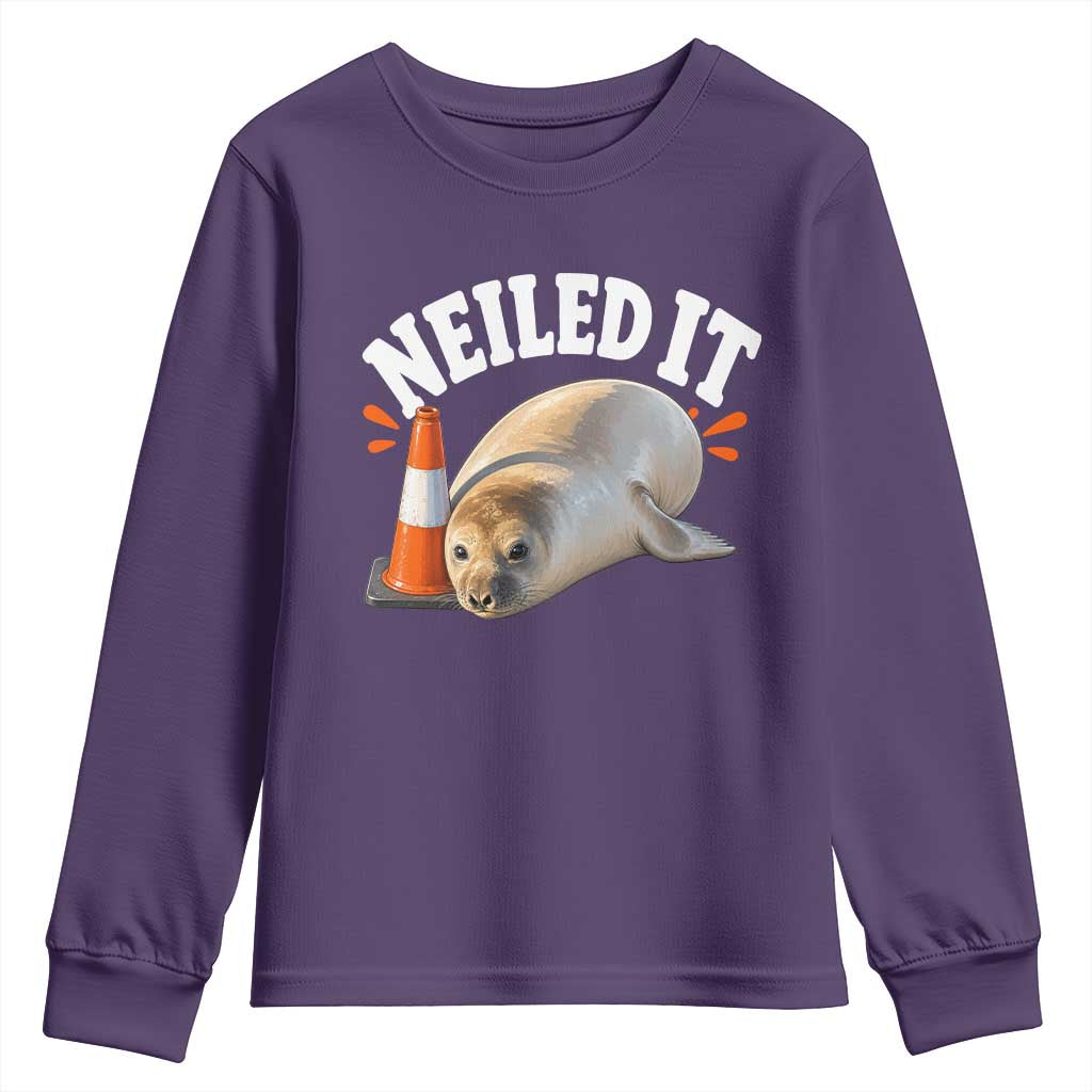 Neil The Seal Nailed It Youth Sweatshirt Funny Tasmania Elephant Seal Traffic Cone Meme Art