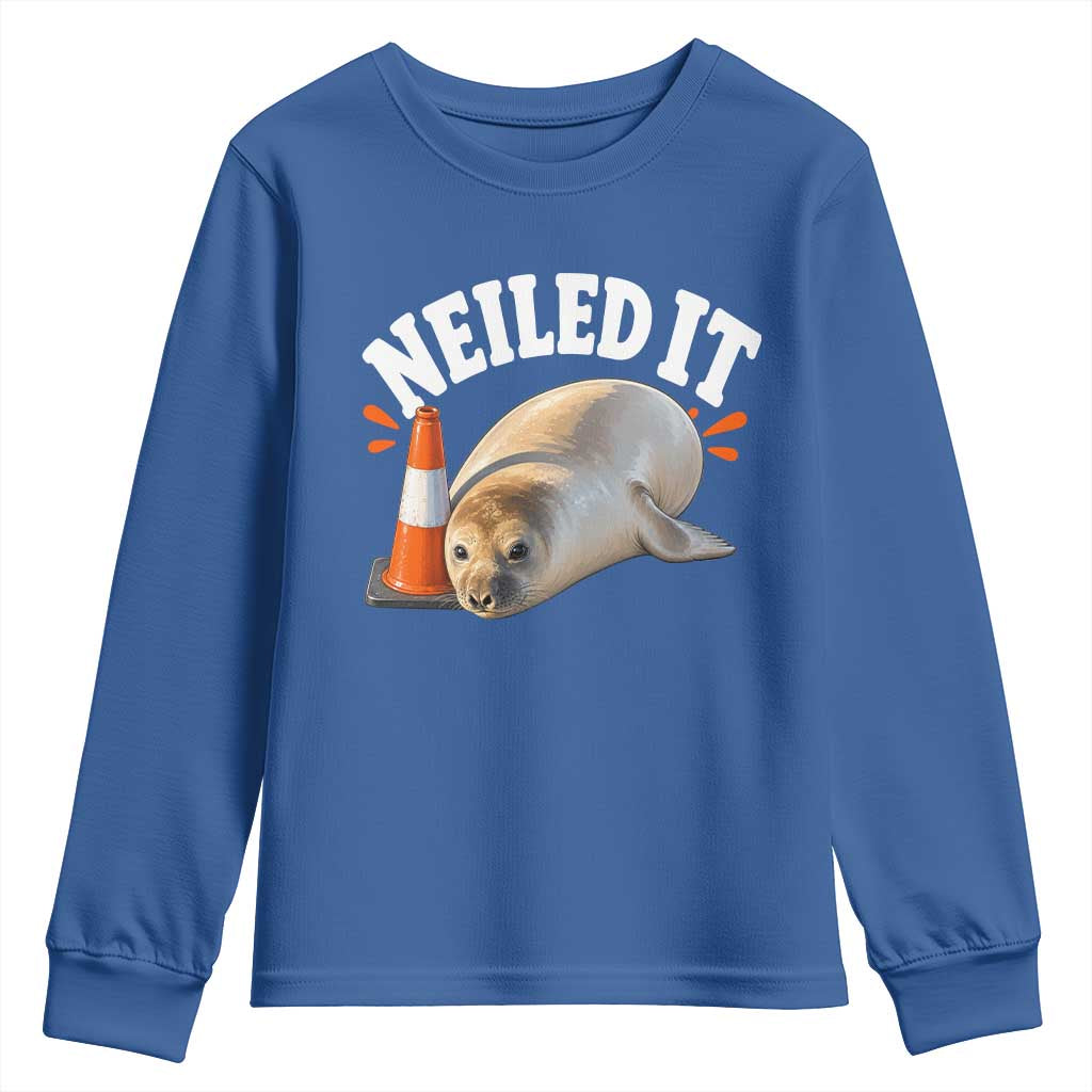 Neil The Seal Nailed It Youth Sweatshirt Funny Tasmania Elephant Seal Traffic Cone Meme Art