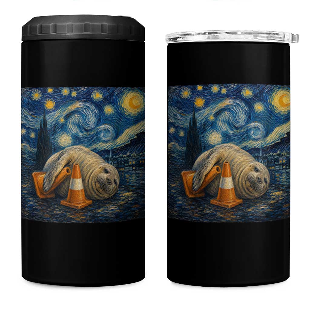 Funny Neil The Seal Starry Night 4 in 1 Can Cooler Tumbler Van Gogh Art for Tasmania Seal Lovers