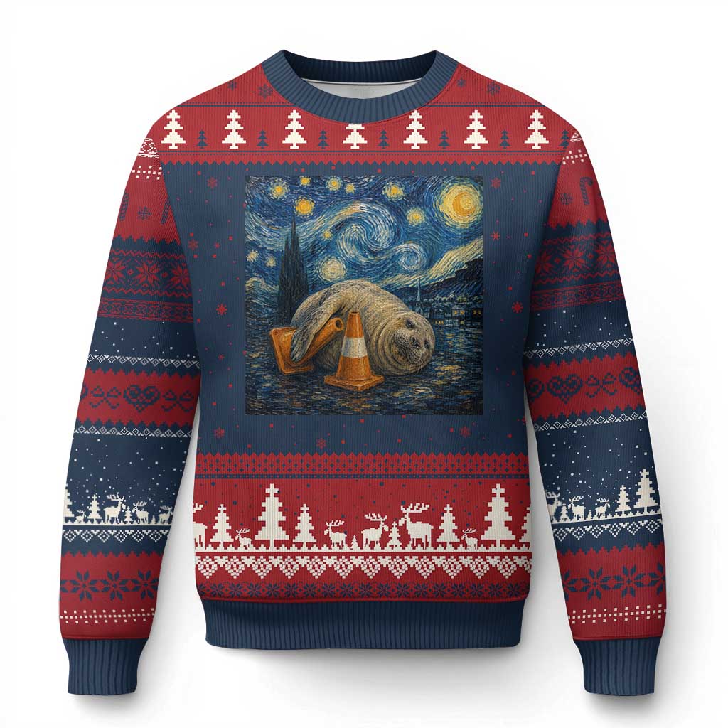 Funny Neil The Seal Starry Night Ugly Christmas Sweater Van Gogh Art for Tasmania Seal Lovers