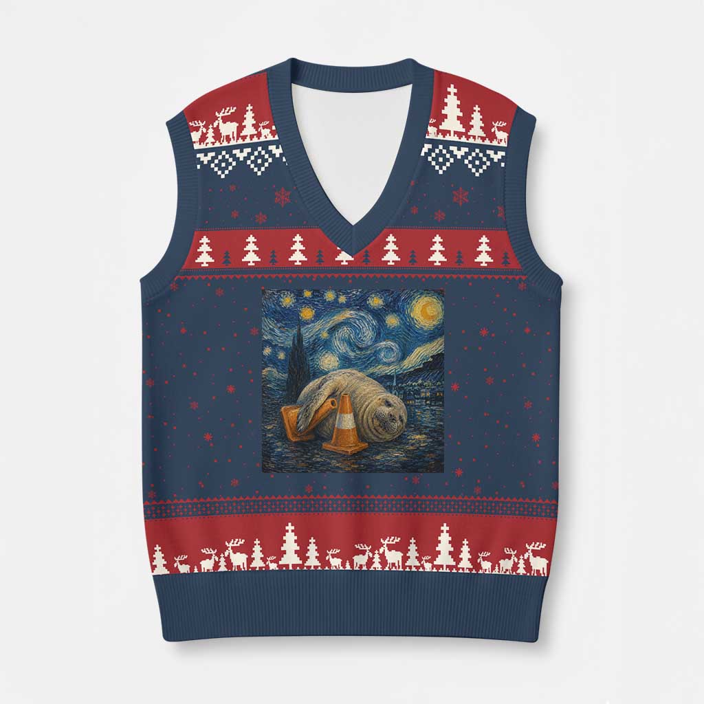 Funny Neil The Seal Starry Night V-Neck Knit Sweater Vest Van Gogh Art for Tasmania Seal Lovers