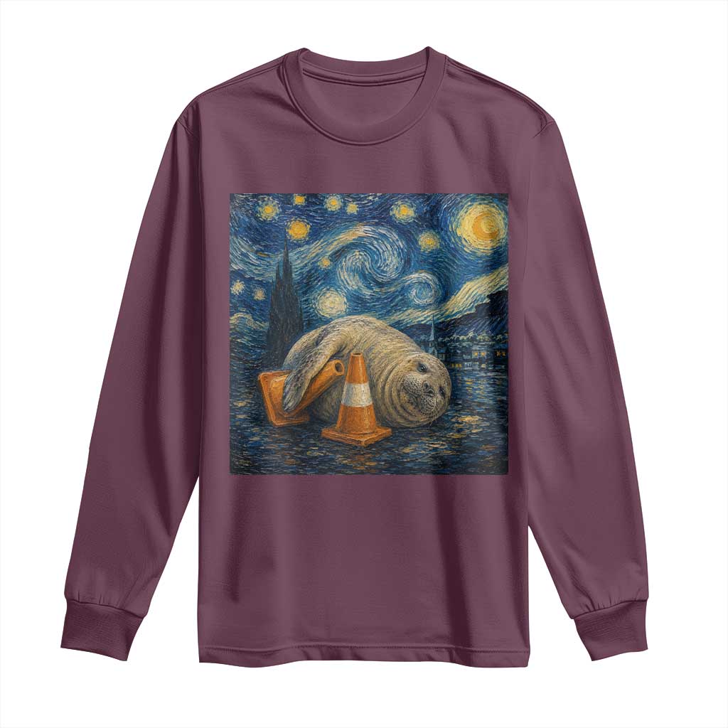 Funny Neil The Seal Starry Night Long Sleeve Shirt Van Gogh Art for Tasmania Seal Lovers