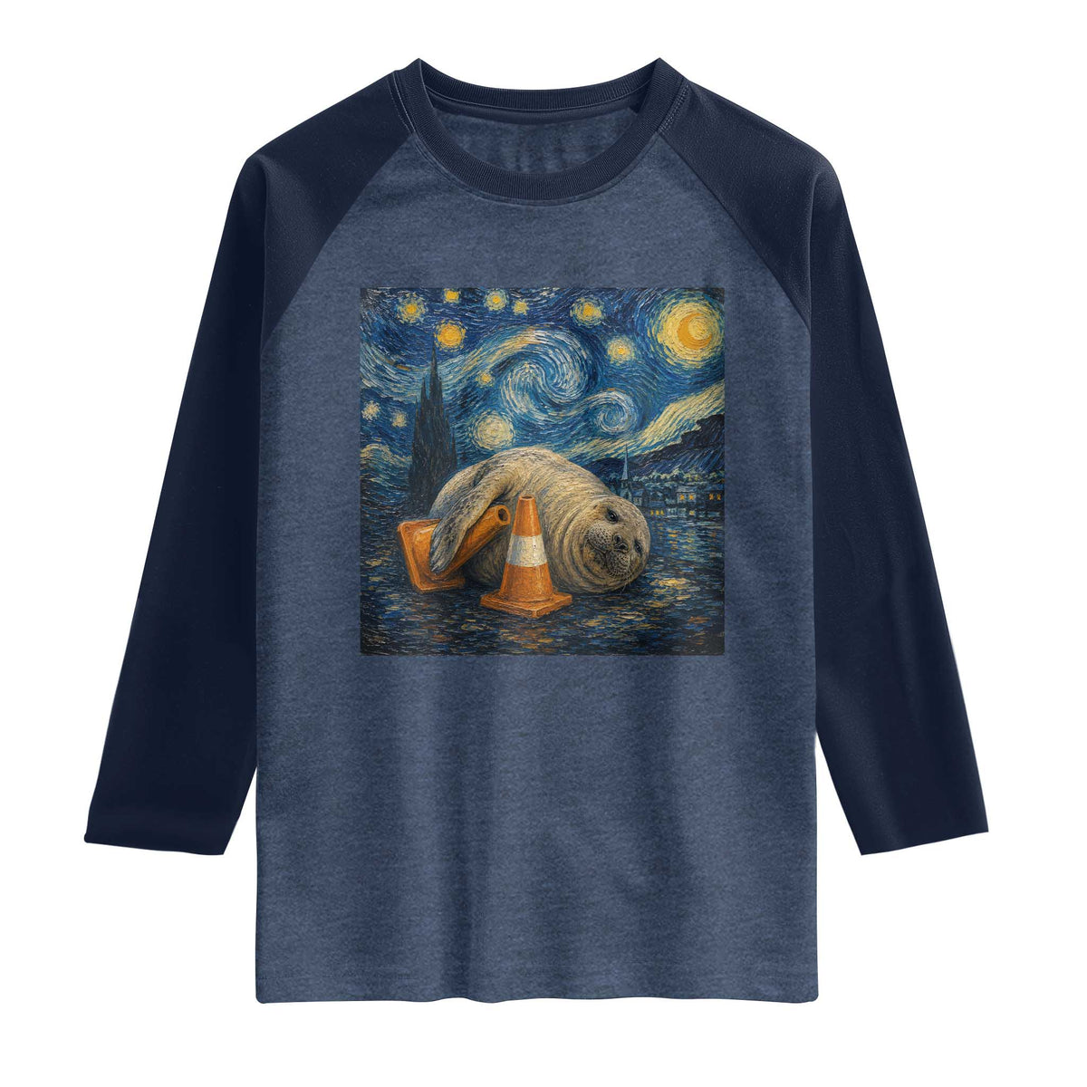 Funny Neil The Seal Starry Night Raglan Shirt Van Gogh Art for Tasmania Seal Lovers