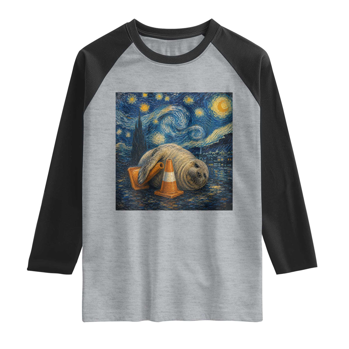Funny Neil The Seal Starry Night Raglan Shirt Van Gogh Art for Tasmania Seal Lovers