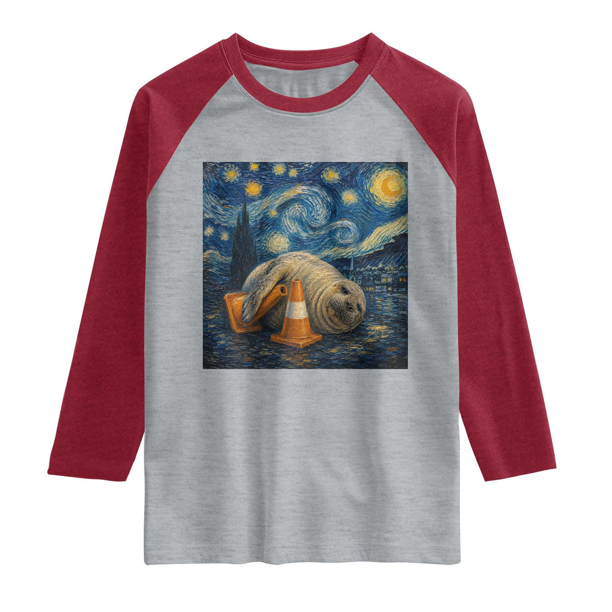 Funny Neil The Seal Starry Night Raglan Shirt Van Gogh Art for Tasmania Seal Lovers
