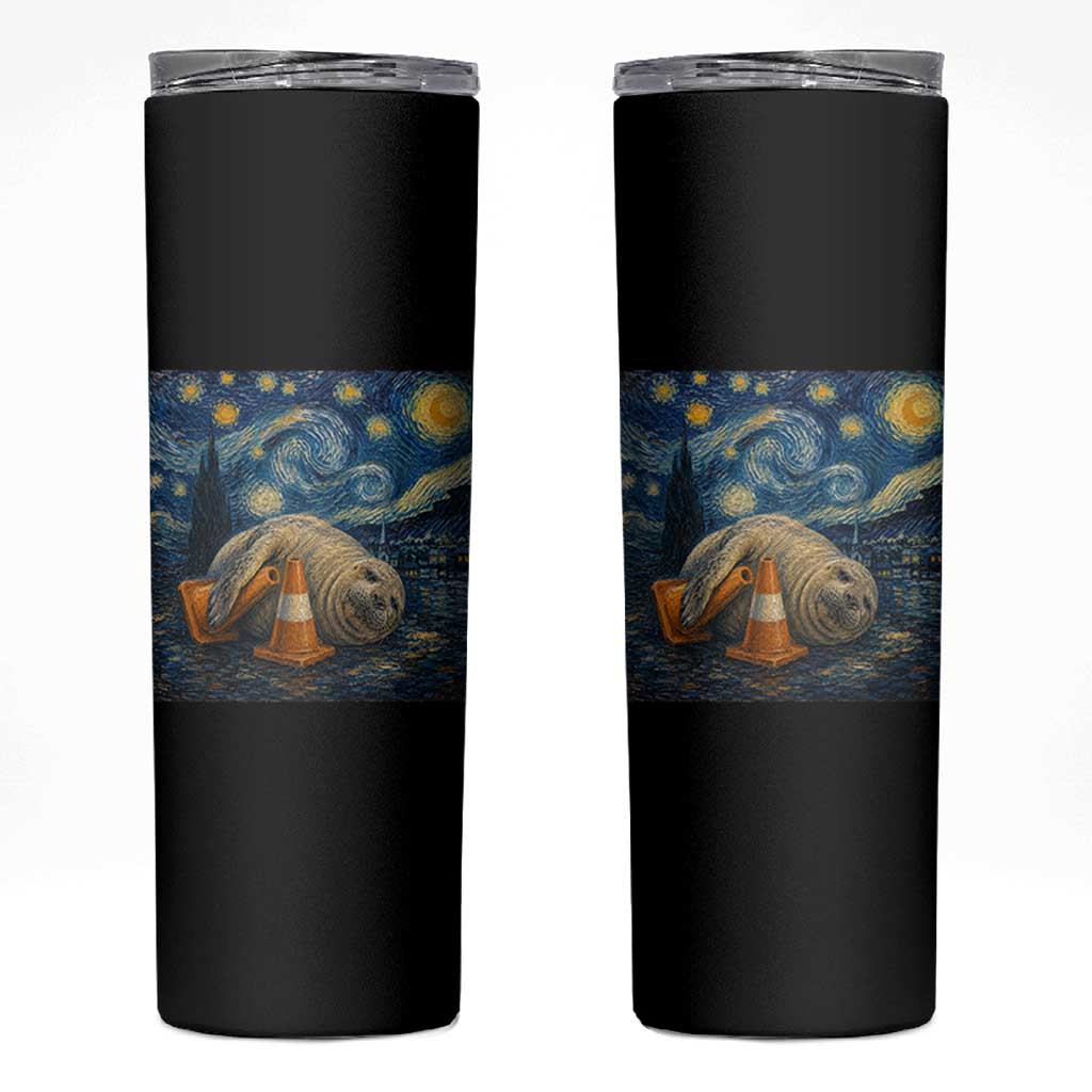 Funny Neil The Seal Starry Night Skinny Tumbler Van Gogh Art for Tasmania Seal Lovers