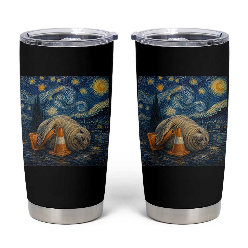 Funny Neil The Seal Starry Night Tumbler Cup Van Gogh Art for Tasmania Seal Lovers