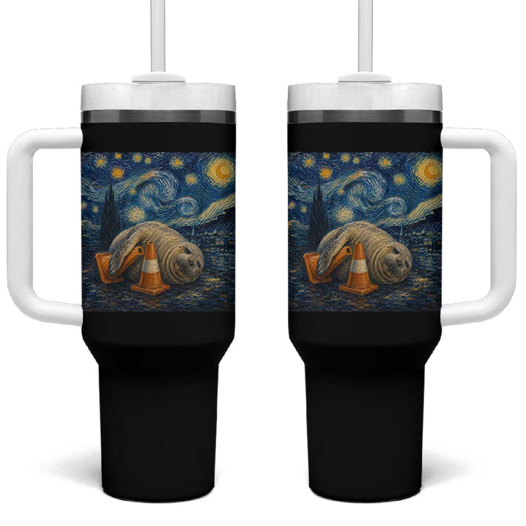 Funny Neil The Seal Starry Night Tumbler With Handle Van Gogh Art for Tasmania Seal Lovers