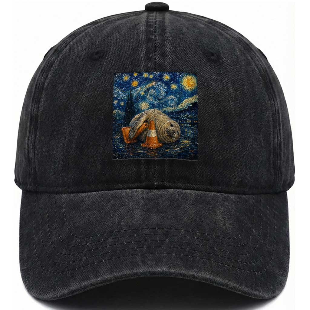 Funny Neil The Seal Starry Night Washed Cotton Baseball Cap Van Gogh Art for Tasmania Seal Lovers