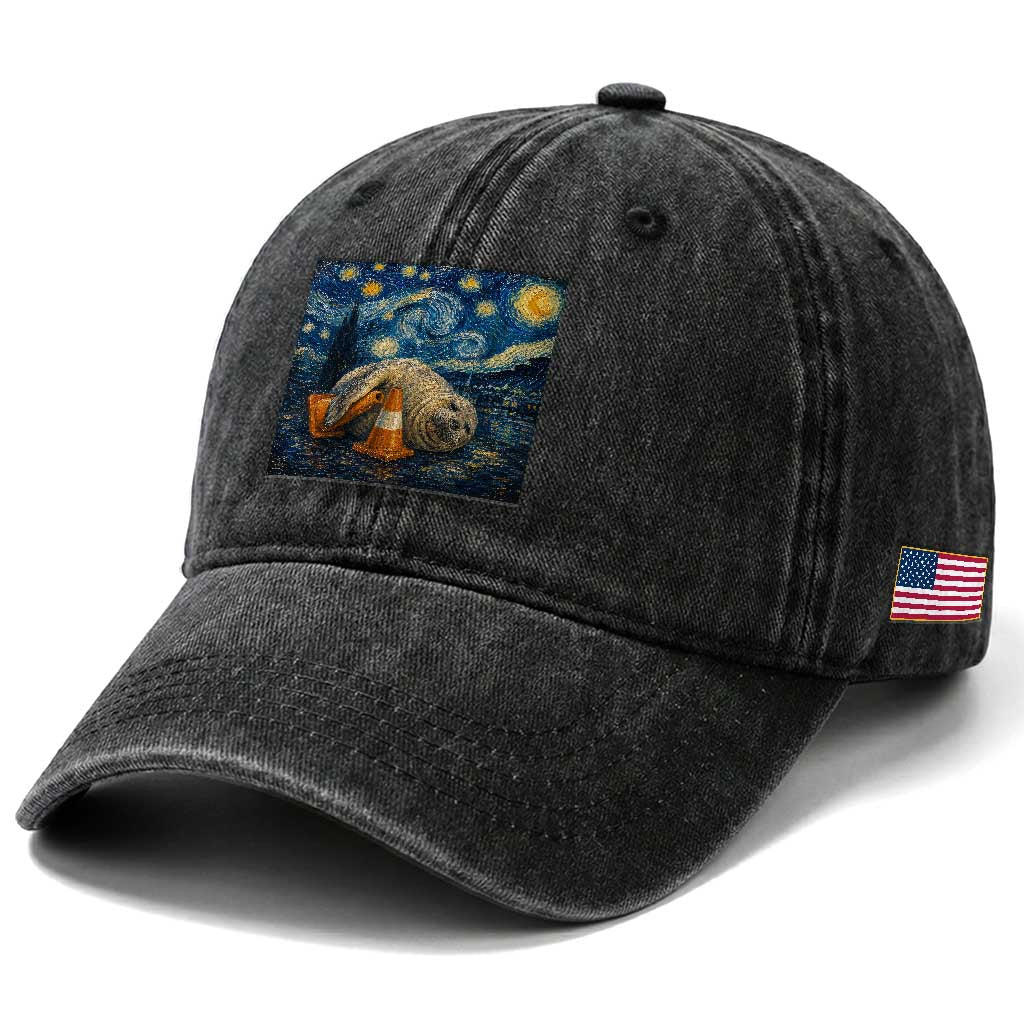 Funny Neil The Seal Starry Night Washed Cotton Baseball Cap Van Gogh Art for Tasmania Seal Lovers