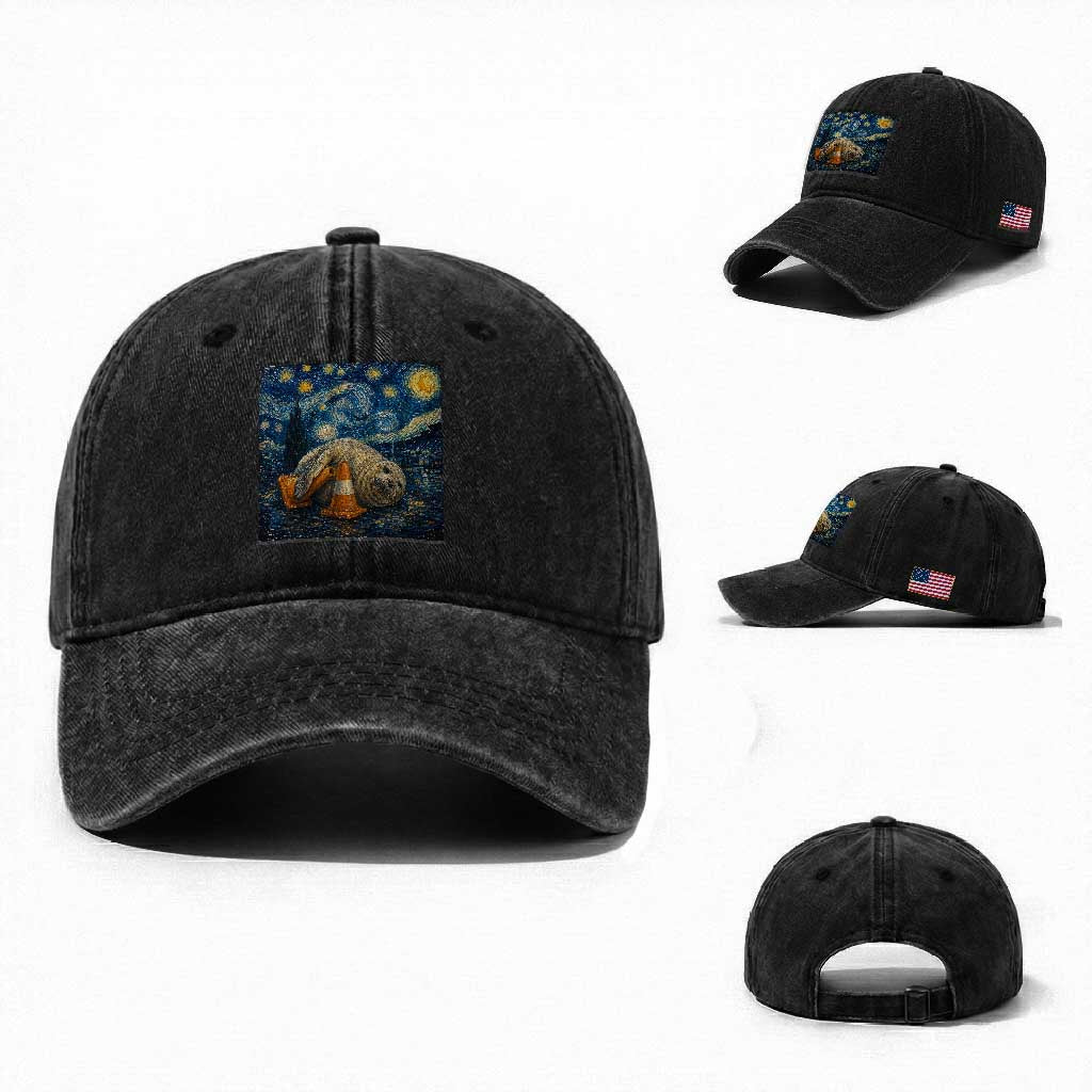 Funny Neil The Seal Starry Night Washed Cotton Baseball Cap Van Gogh Art for Tasmania Seal Lovers