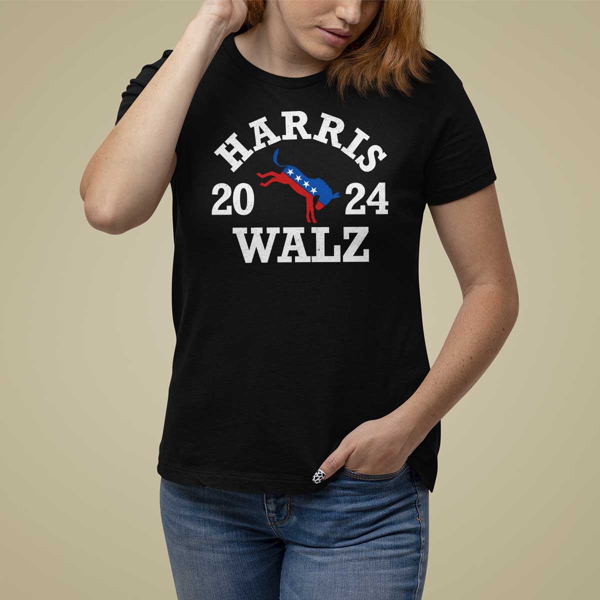 Harris Walz 2024 T Shirt For Women Vintage Patriotic Donkey USA Flag - Wonder Print Shop