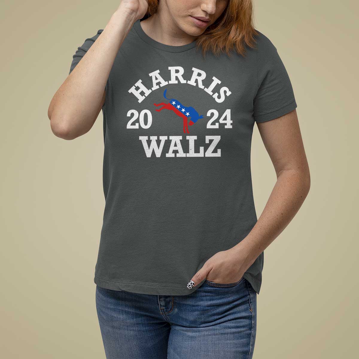 Harris Walz 2024 T Shirt For Women Vintage Patriotic Donkey USA Flag - Wonder Print Shop