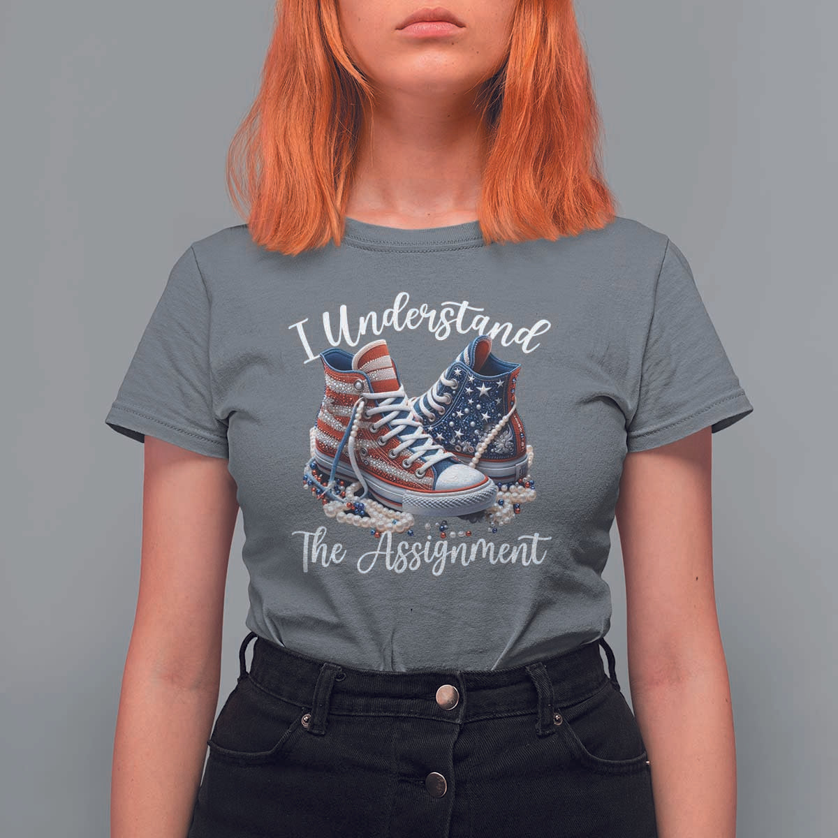 Harris Supporter 2024 T Shirt For Women I Understand The Assignment USA Chucks Pearls - Wonder Print Shop