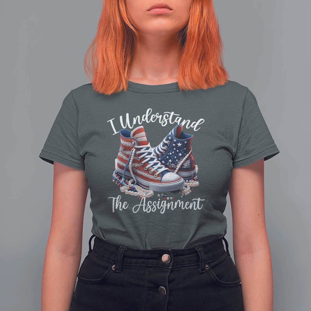 Harris Supporter 2024 T Shirt For Women I Understand The Assignment USA Chucks Pearls - Wonder Print Shop