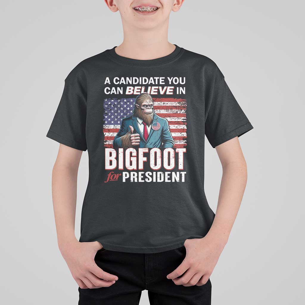 Funny Bigfoot For President T Shirt For Kid A Candidate You Can Believe In 2024 Sasquatch USA Flag - Wonder Print Shop