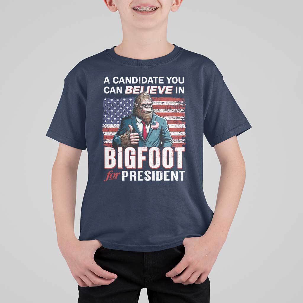 Funny Bigfoot For President T Shirt For Kid A Candidate You Can Believe In 2024 Sasquatch USA Flag - Wonder Print Shop
