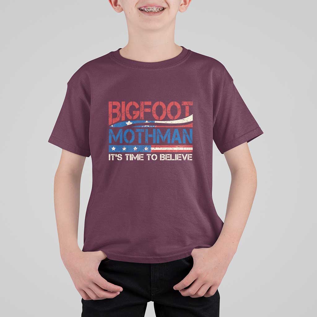Funny Bigfoot Mothman T Shirt For Kid It's Time To Believe American Flag President Election - Wonder Print Shop