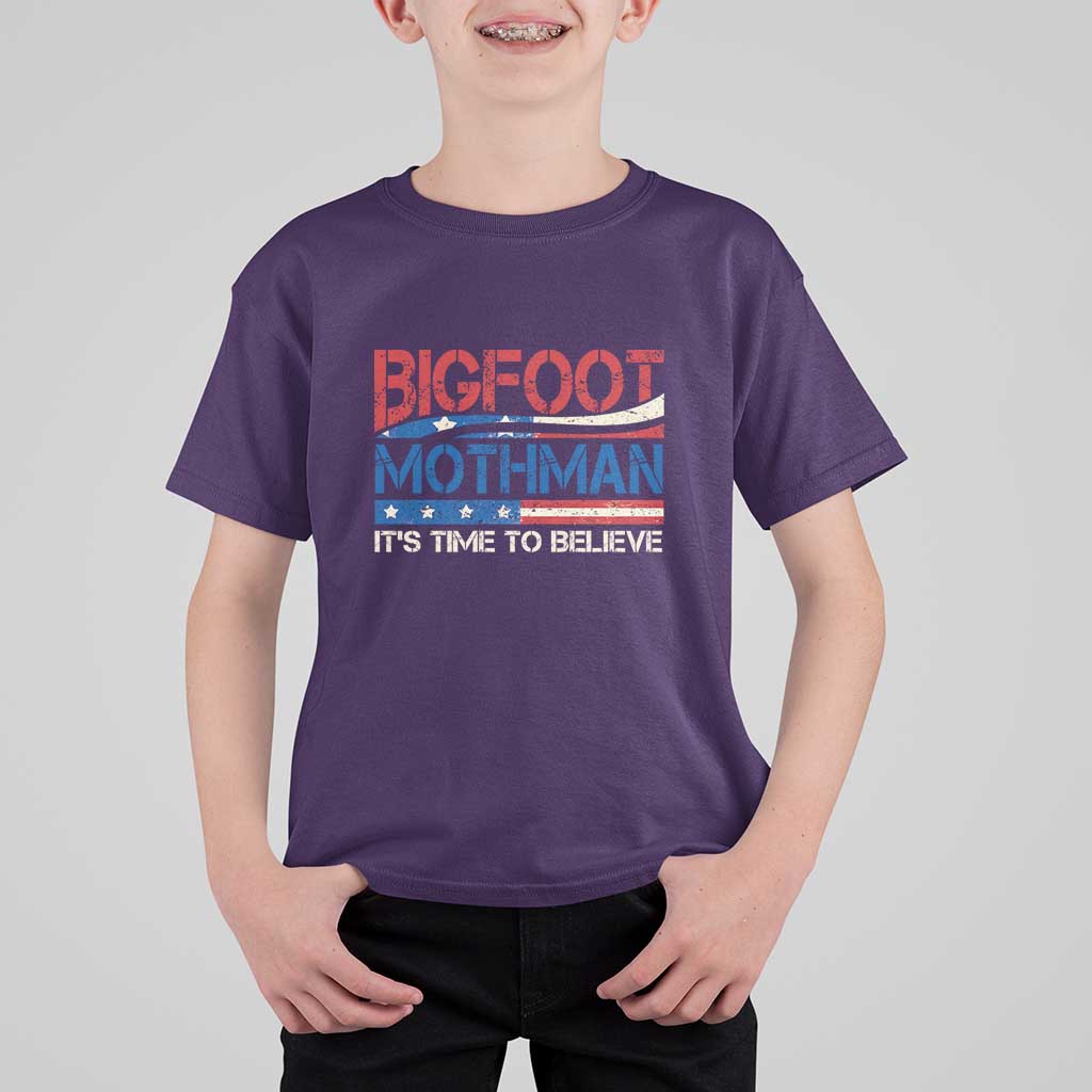 Funny Bigfoot Mothman T Shirt For Kid It's Time To Believe American Flag President Election - Wonder Print Shop