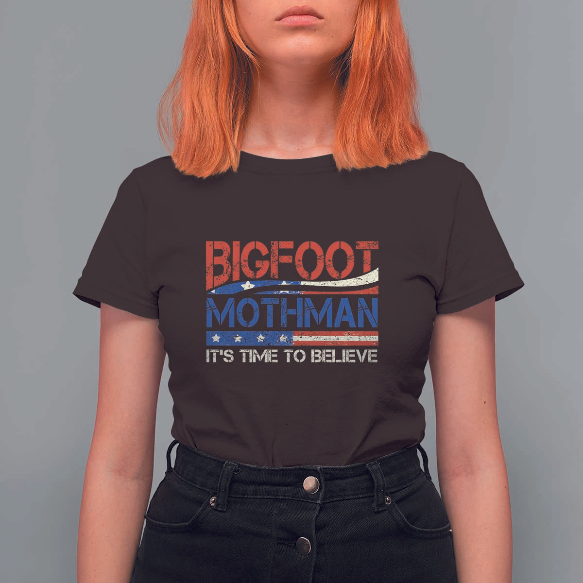Funny Bigfoot Mothman T Shirt For Women It's Time To Believe American Flag President Election - Wonder Print Shop